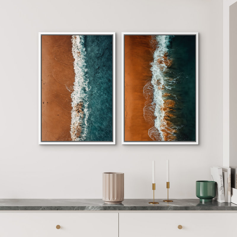 Plage, paysage mural, ensemble de 2 reproductions d'art sur toile encadrées, H 24 po x l 32 po, Blanc