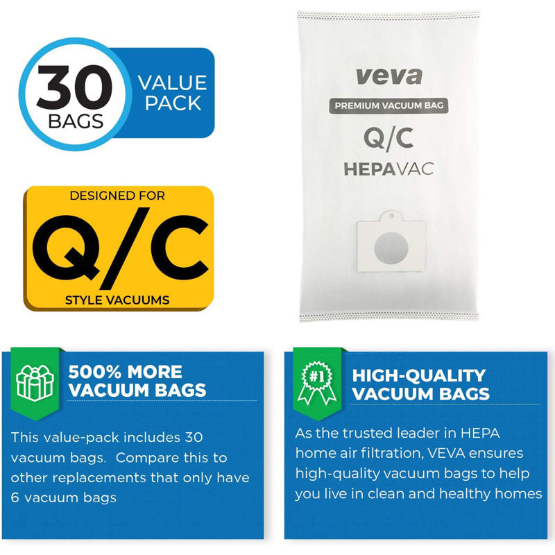 Veva Type Q/C HEPAVAC Filter Cloth Canister Vacuum Bag Replacement, 30 Pack