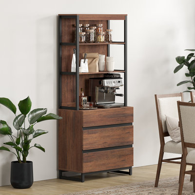 Armoire buffet moderne de 72 po de hauteur avec tiroirs et tablettes ouvertes, armoire de rangement et tablettes de présentation, buffet en bois pour la salle à manger ou la cuisine