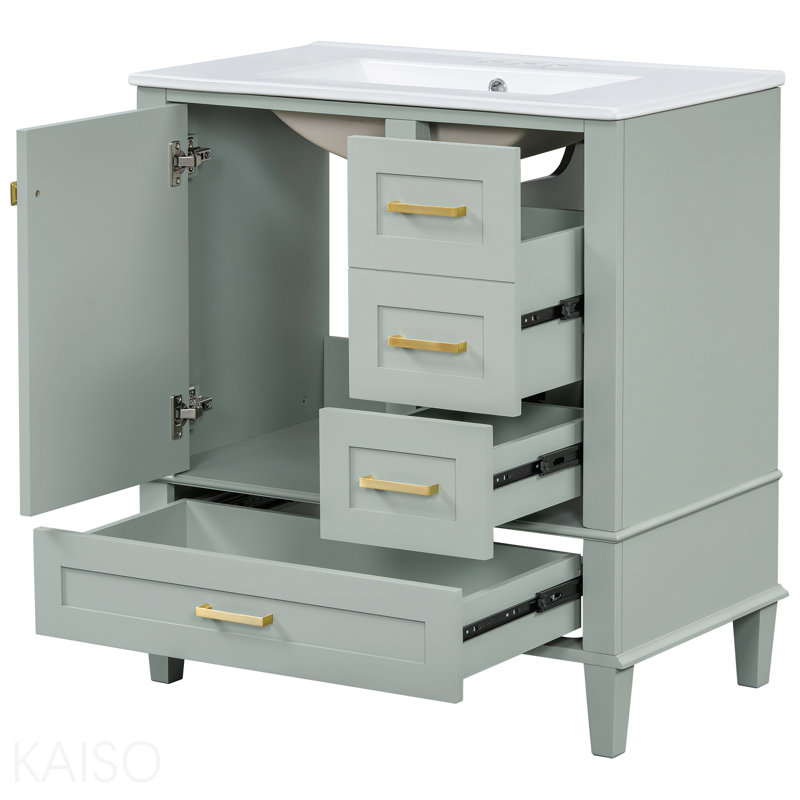Meuble-lavabo vert 30 po avec lavabo en céramique, portes et tiroirs à fermeture en douceur, Vert sauge