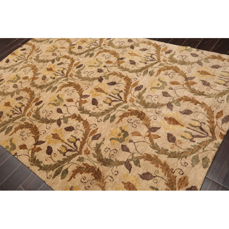 Hand-Knotted Tan and Brown Wool Oriental Rug, 6' x 9'