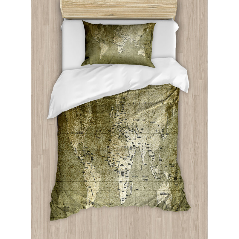 Army Green World Map Twin Duvet Cover Set