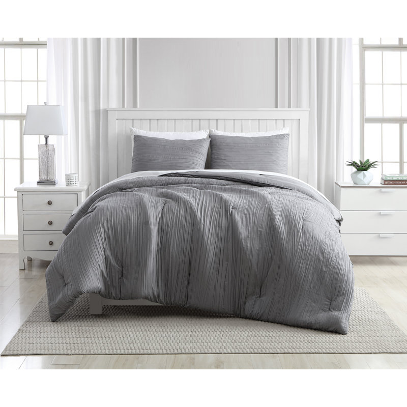  Greenport Crinkle Microfiber Comforter Set, King Comforter + 2 Standard Shams, Gray