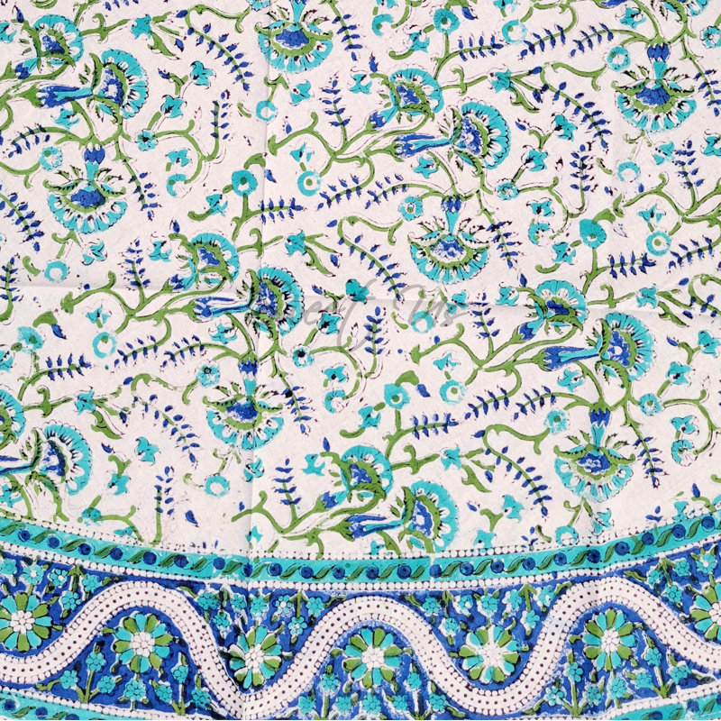 Block Print Floral Cotton Round Tablecloth, Blue