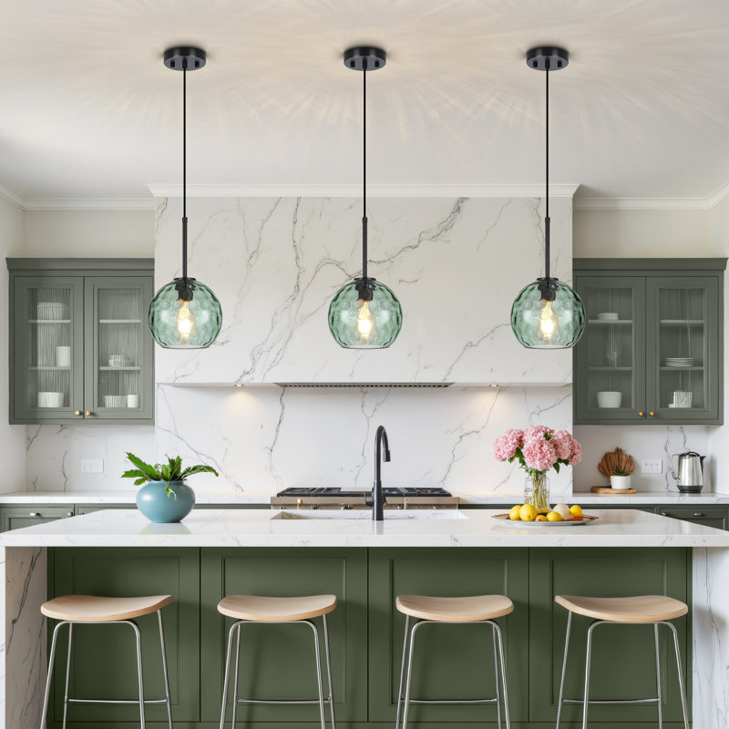 1-Light Kitchen Island Pendant with Clear Hammered Glass Shade, Green