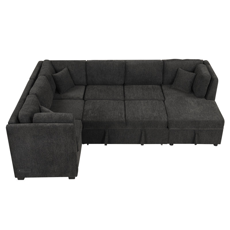 Canapé-lit modulaire en U de 108,6 po avec deux ports USB, deux prises de courant, trois coussins de dossier et une méridienne de rangement pour le salon, noir