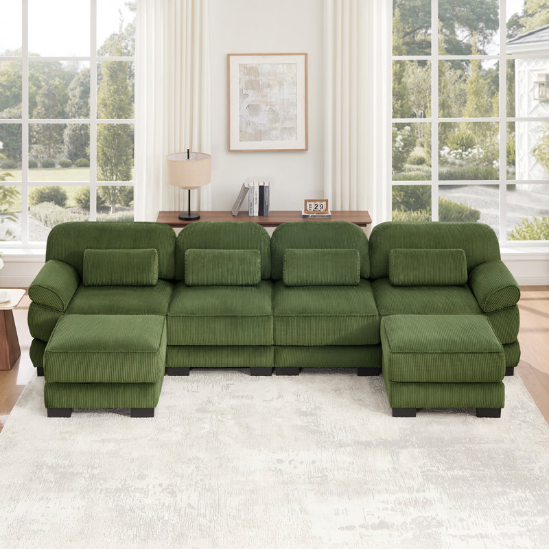 Canapé d'angle modulaire en forme de U Cloud Couch, L 132,3 po, Velours côtelé vert