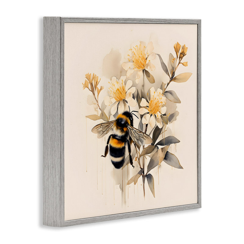 Gray Framed Honeybee with Daisies Canvas Print, 24" x 24"