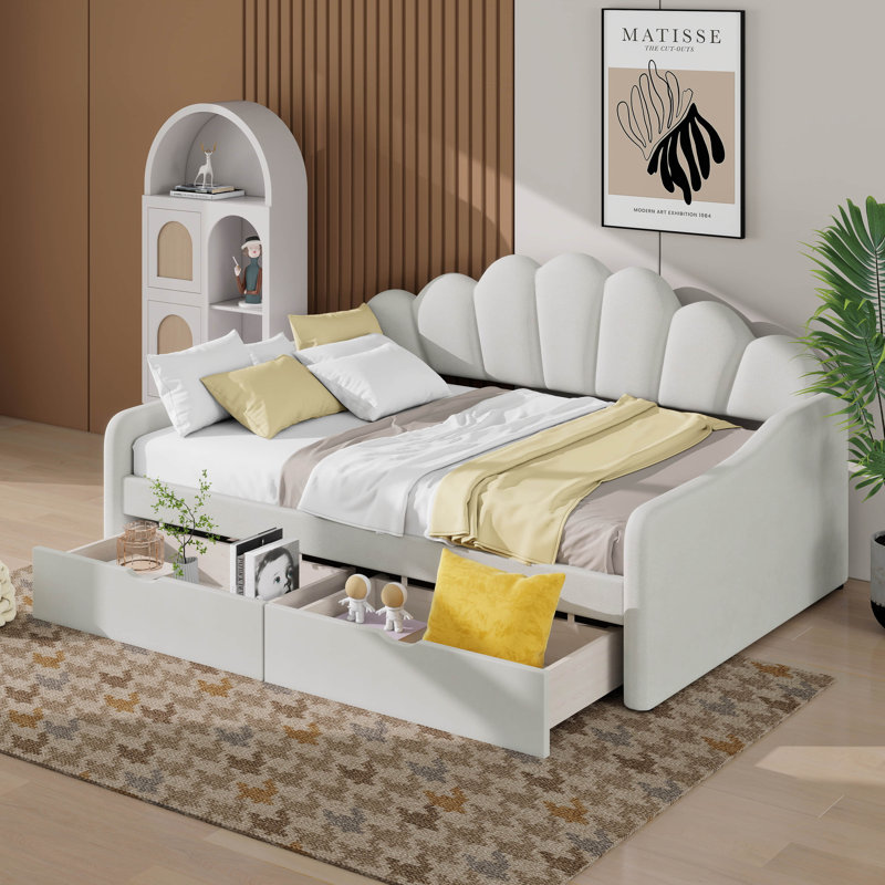 Full Size Upholstery Velvet Daybed With Shall Shaped Backrest & Curved Arms, Soft Corner Sofa Bed Frame With 2 Storage Drawers