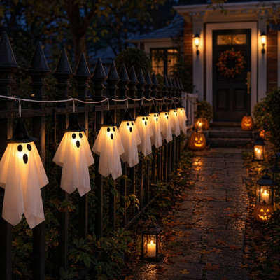 Lot de 2 guirlandes lumineuses fantômes de 2,74 m (9 pi) avec chapeaux de sorcière pour l'Halloween, à utiliser à l'intérieur comme à l'extérieur (porche, jardin, etc.).