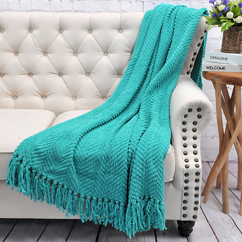 Jeté en tricot de tweed, Bleu baltique, 60 po x 80 po