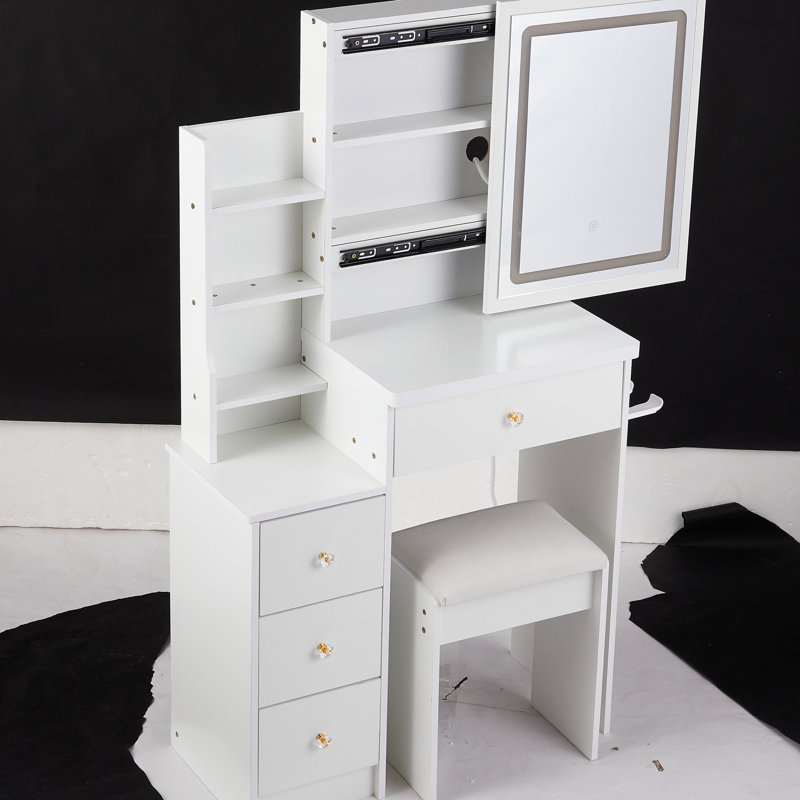 Compact Left Bedside Vanity With Comfy Stool, Extraordinarily Enormous Touch-Control Sliding Led Mirror, 2 Ac + Power Outlet, Hairdryer Holder, Switchable , , , Ul Approved, White American Style