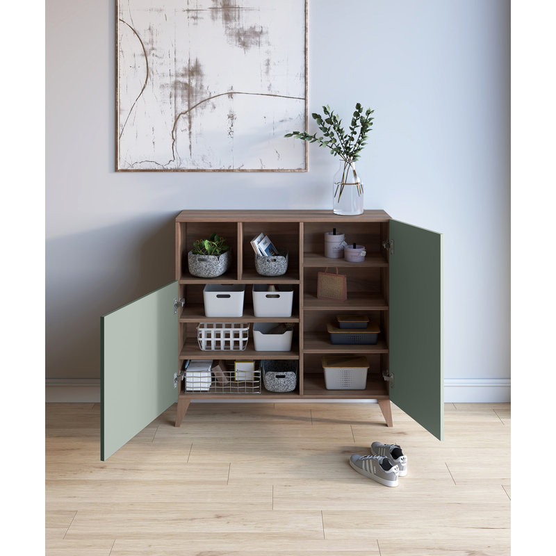 12 Pair Shoe Storage Cabinet, Walnut/Green