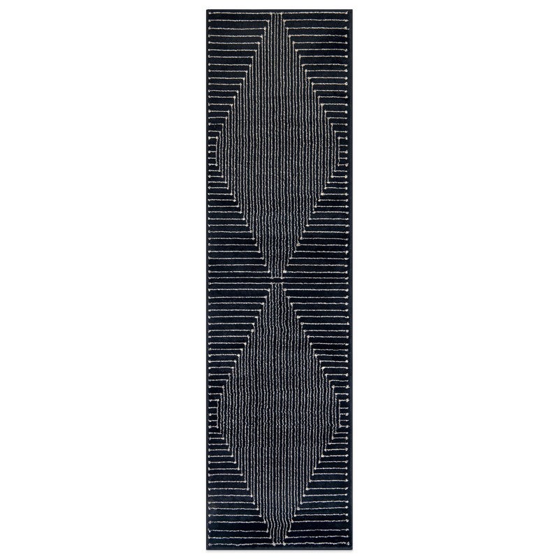 Modern Black And Cream Geometric Area Rug, Runner 2'2" x 8'