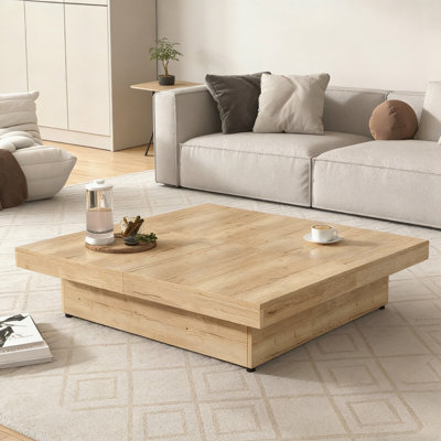 Table basse carrée en placage avec plateau coulissant et rangement, finition grain de bois naturel pour la vie moderne