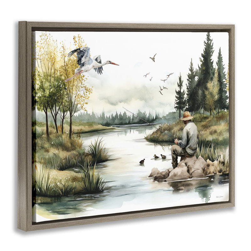 Cadre flottant «Fishing by River Landscape», conception par Nicole DeCamp, H 25 po x l 31 po, Cadre flottant orme Montalcino