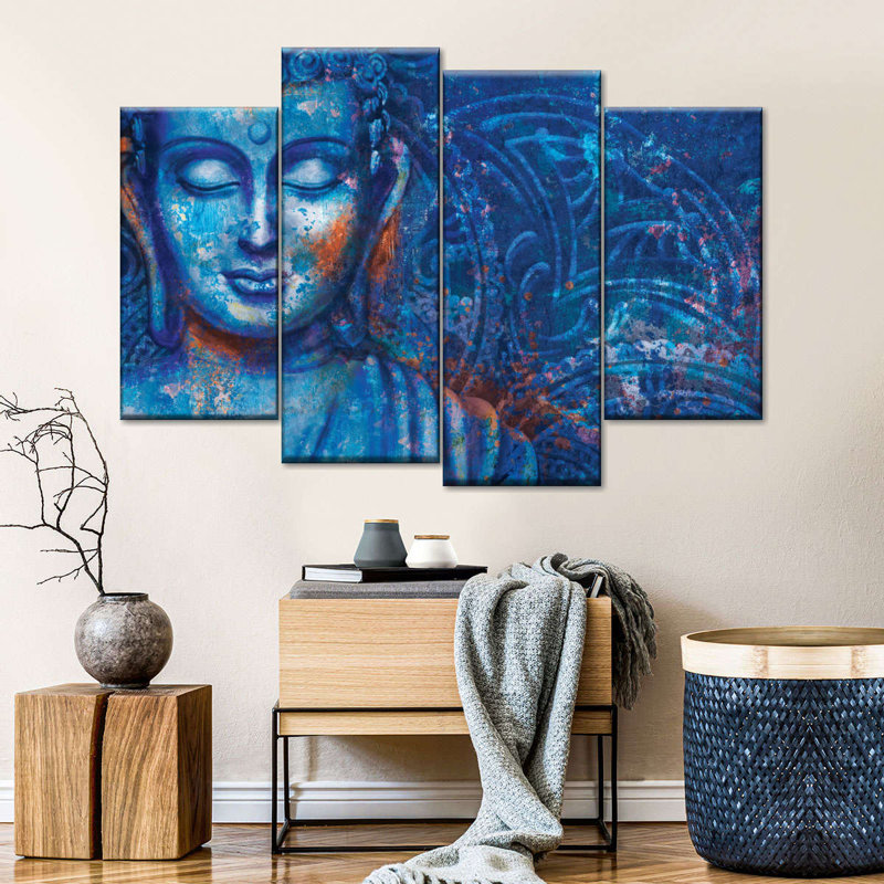 " Stained Blue Buddha Multi Piece Canvas Print " 4 - Pieces, 32" H x 52" W x 1" D