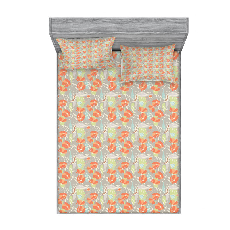Microfiber Floral Fitted Sheet, Queen Fitted Sheet with 2 Pillowcases
