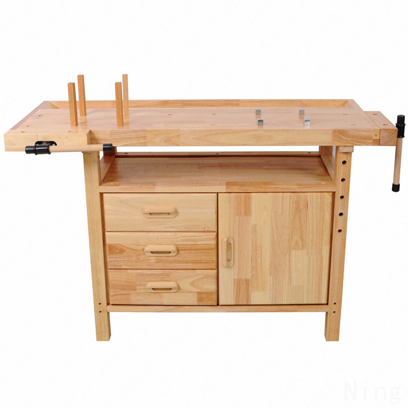 50" Professional Rubberwood Solid Wood Workbench-3 Drawers, 1 Cabinet Door & Open Shelf, Natural Finish For Garage, Woodworking Carpenter Workshop & Home Use