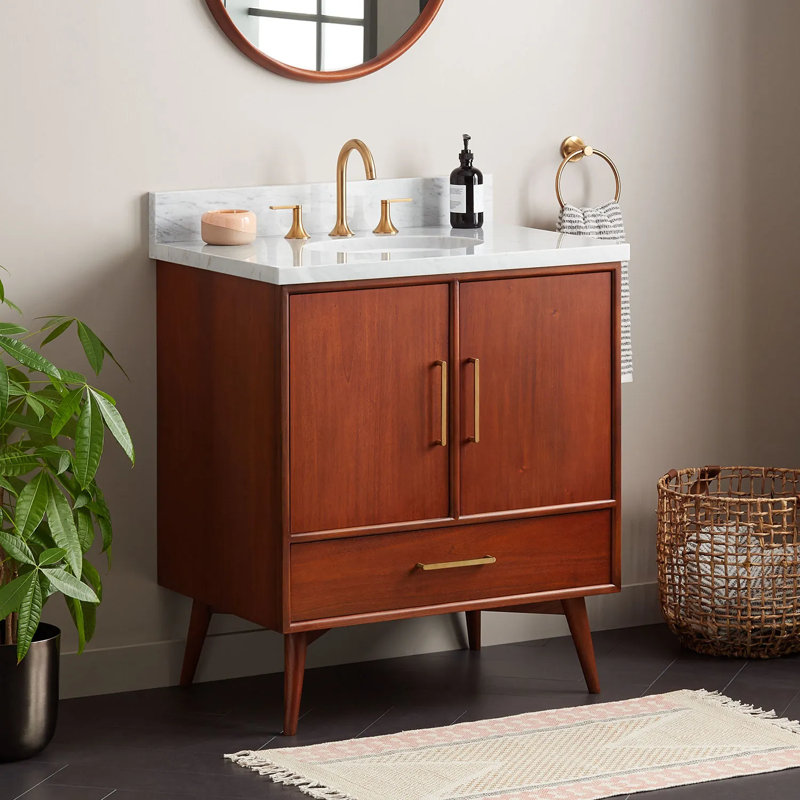 30" Novak Single Bathroom Vanity Set with Oval Undermount Sink, Natural Teak, 8" Widespread, Carrara Marble