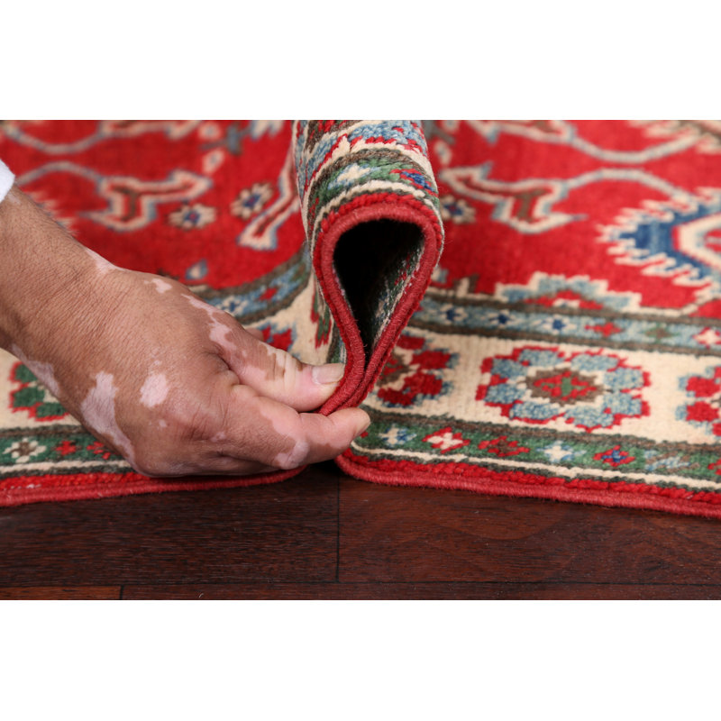 Tapis de zone en laine rouge/vert 2 pi x 3 pi 3 po one-of-kind à la main noué la kazak Adeodata