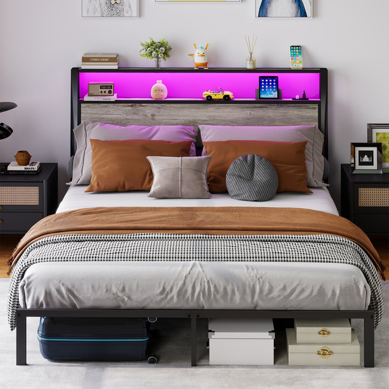 Queen Size Bed Frame With Headboard, RGB LED Light & Charging Station - Rustic Grey, Queen