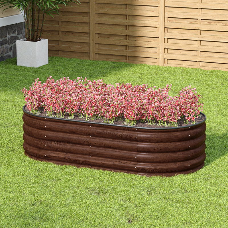 Oval-Shaped Galvanised Steel Raised Garden Bed, 90cm H x 160cm W x 80cm D, Brown