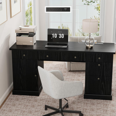 60IN Modern Executive Office Desk, Fluted Wood with Drawers & Power Outlet, Computer Workstation Black
