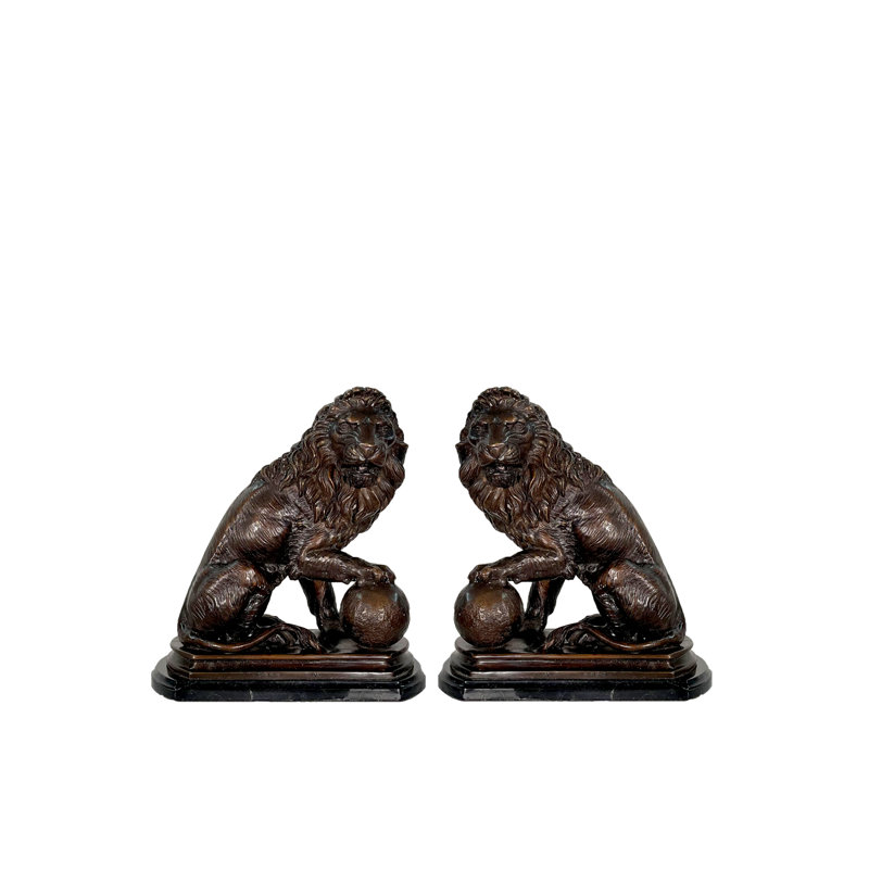 Bronze Sitting Lions with Ball Sculpture Set