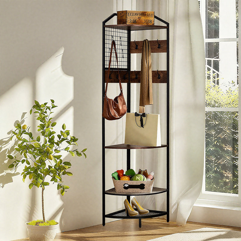 Portemanteaux d'angle multifonctionnel 3 en 1 avec range-chaussures réglable et couche de rangement, d'une hauteur de 78,7 pouces, convenant à une entrée étroite.