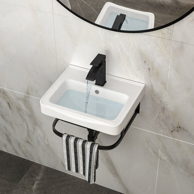 Lavabo de salle de bain mural rectangulaire en céramique 17 "x 14" avec barre à serviette noire et trop-plein, robinet noir