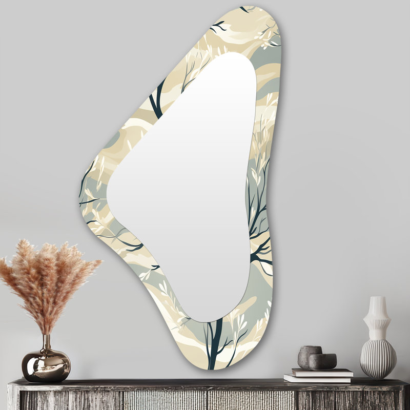 Aife, paysage d'arbre minimaliste gris - grand miroir floral asymétrique, miroir mural décoratif de forme irrégulière, art en métal imprimé