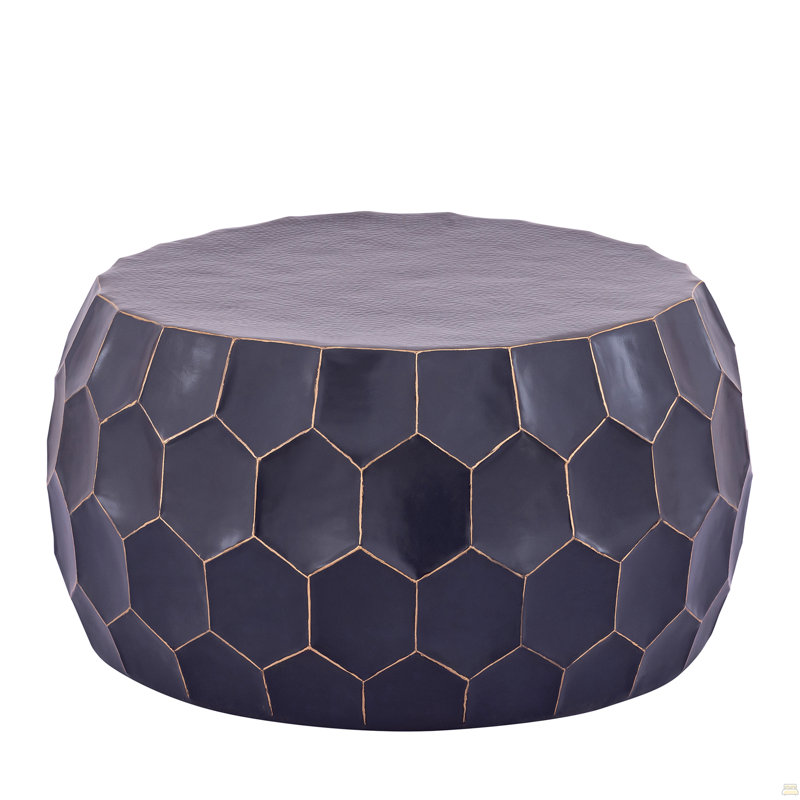 Round Aluminum material 32" Coffee Table, Farmhouse Table with Glossy Diamond-Patterned Base Black