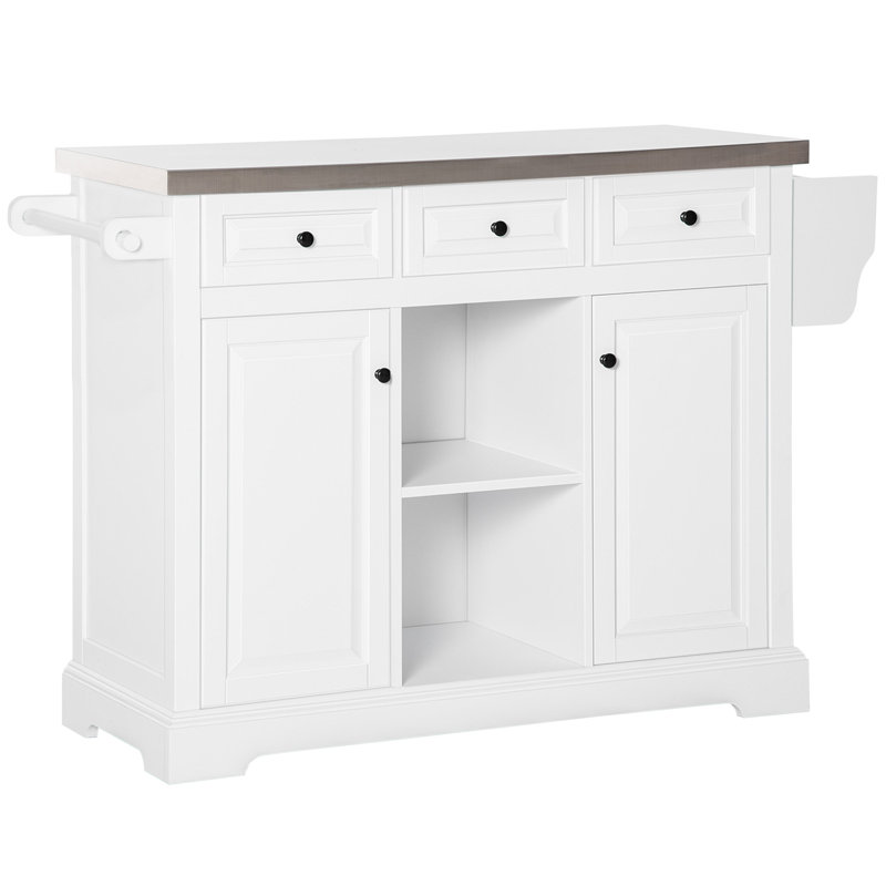 Îlot de cuisine roulant avec rangement, chariot de cuisine avec plateau en acier inoxydable, support à épices et tiroirs, blanc