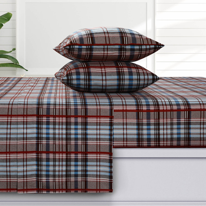 100% Cotton Turkish Flannel Extra Deep Pocket Sheet Set, Queen Sheet Set + Fitted Sheet + 2 Pillowcases, Red/Blue Plaid