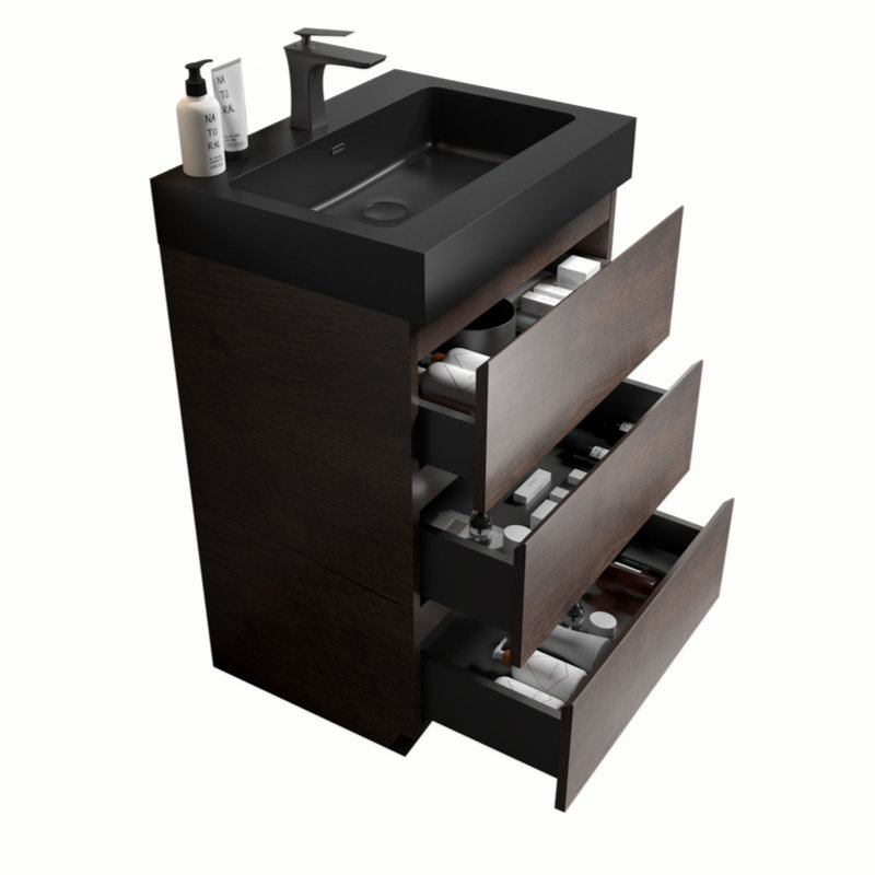 Meuble-lavabo autoportant de 24 po avec évier, grand meuble-lavabo autoportant pour salle de bain moderne, lavabo une pièce sans drain ni robinet, pré-assemblé