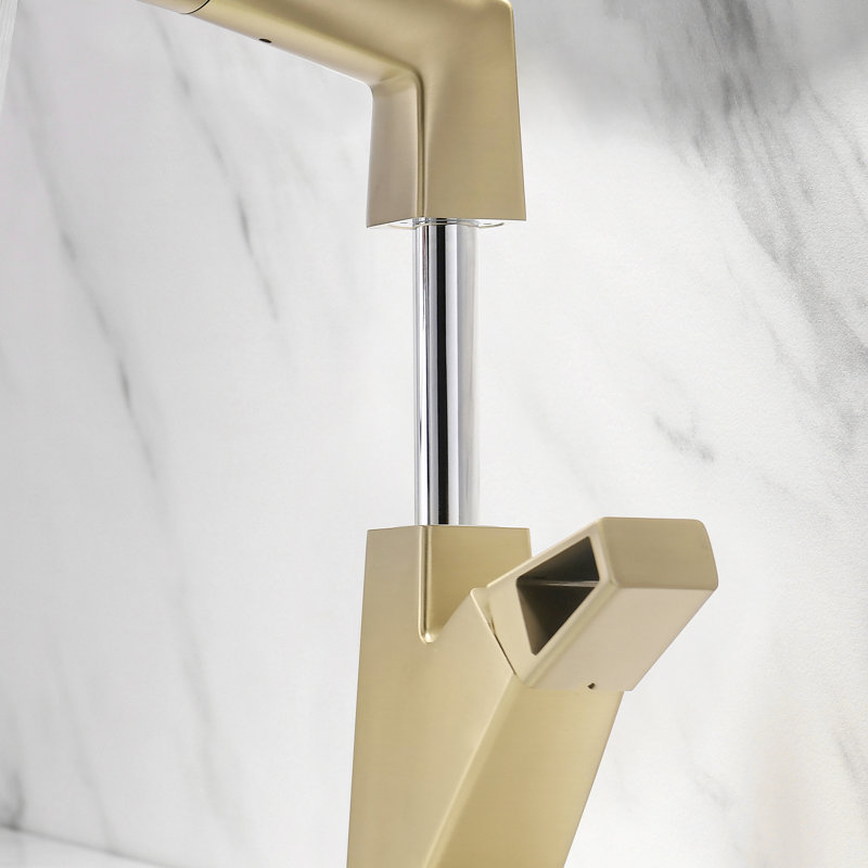 Brushed Gold Deck-Mounted Bathroom Faucet with Pull Out Sprayer