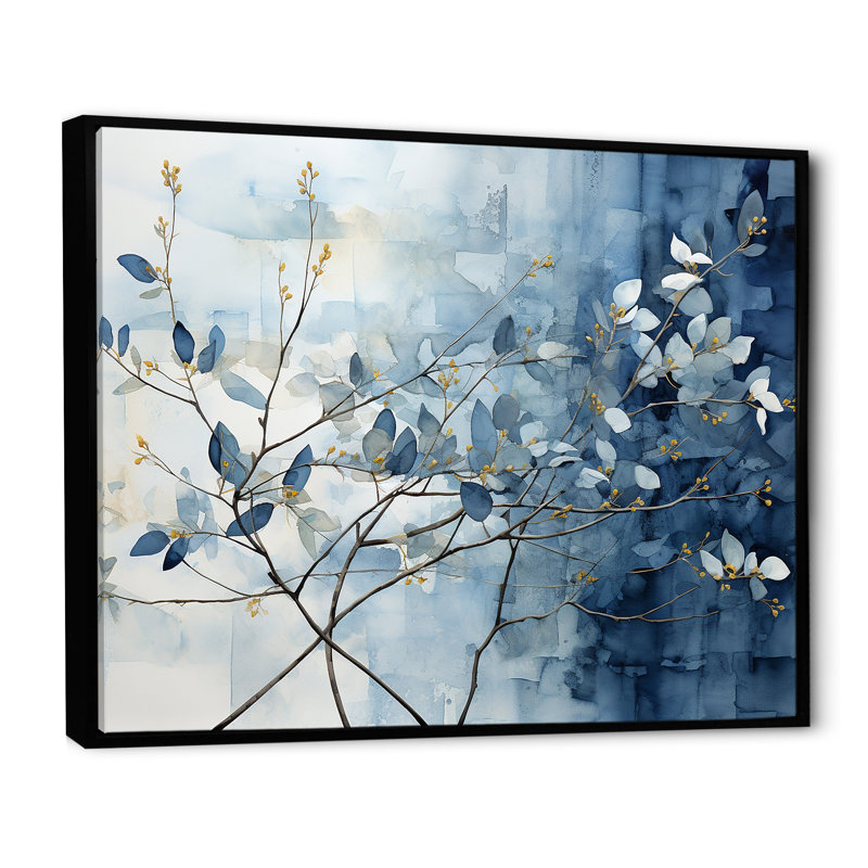 Art mural bleu et gris sur une branche I - Feuilles, Cadre flottant noir, H 16 po x l 32 po x P 1 po