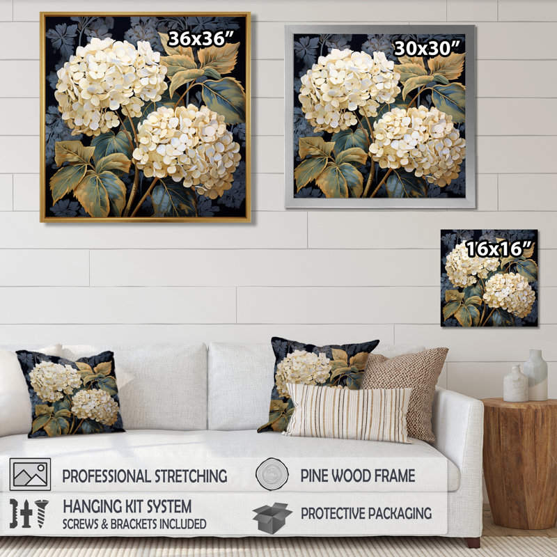 White Hydrangea Flower Retro Illustration - Hydrangea Wall Art, Black Floater Framed, 16" H x 16" W