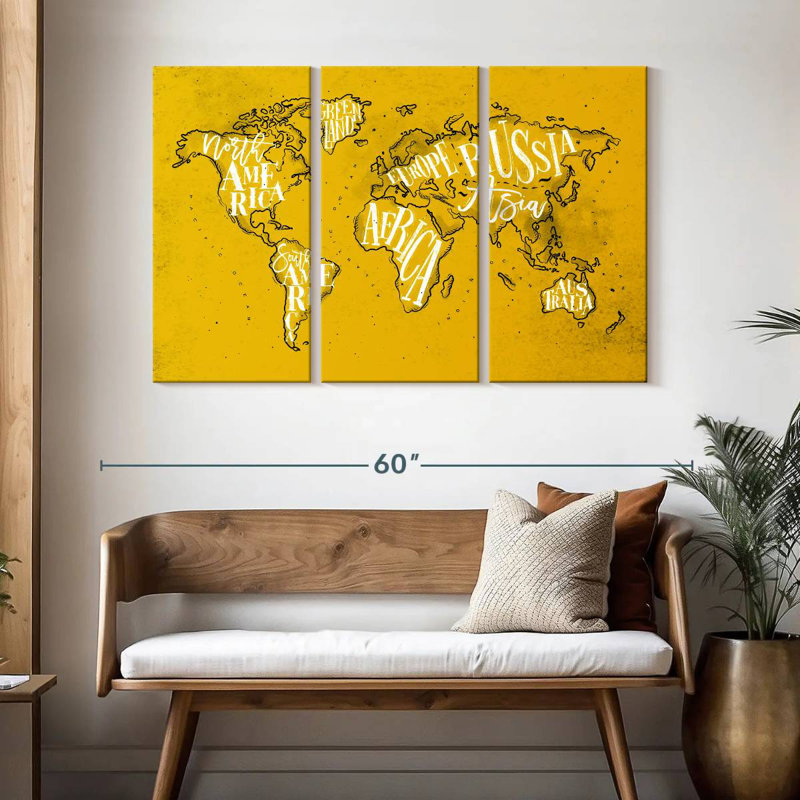 Carte du monde typographique jaune Aliaz, H 32 po x l 50 po