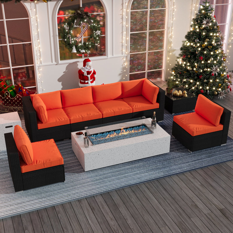 Ensemble de conversation modulaire 9 pièces avec coussins et table foyer, Orange / noir