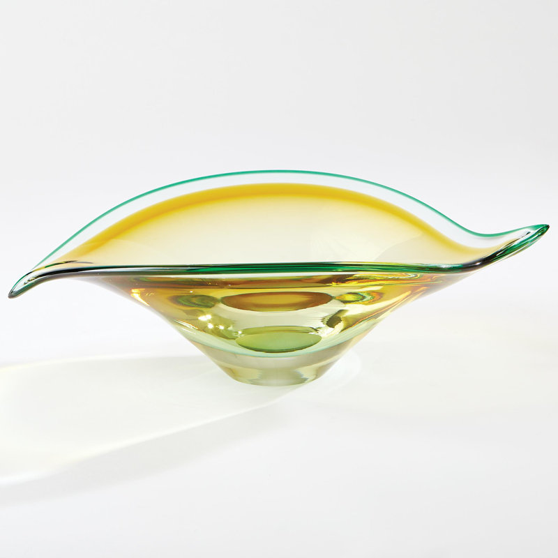 Glass Decorative Bowl, 5.25" H x 18" W x 12" D, Aqua/Amber