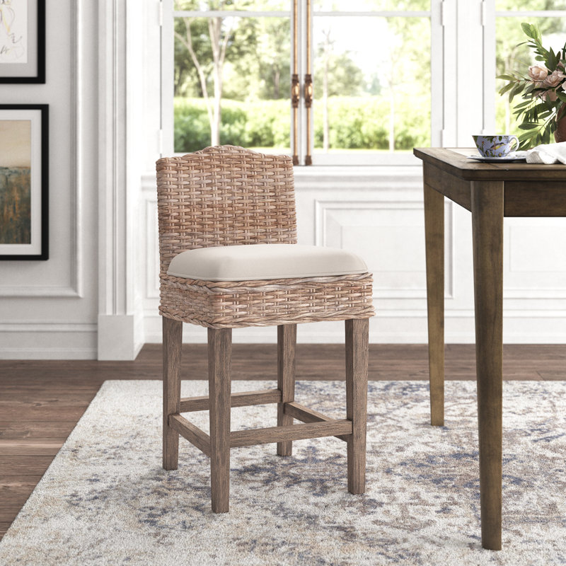 Kaia Rattan and Solid Wood Upholstered Stool, Counter Stool (25" Seat Height)