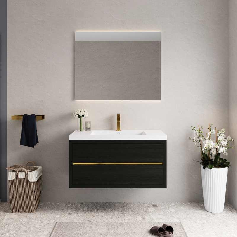 Meuble-lavabo de salle de bain de 107 cm (42 po) avec lavabo et rangement suspendu, comptoir en résine de pierre, tiroirs à fermeture amortie, bois, préassemblé, résistant au jaunissement, lavabo durable, finition