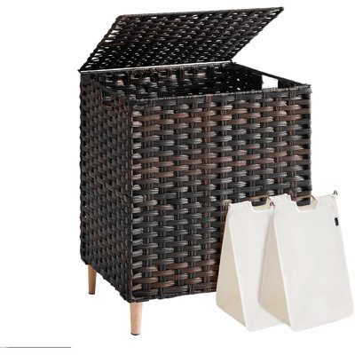 2-Section Laundry Hamper with Lid, PE Rattan, 29 Gallons (110 L), Laundry Basket with Removable Liner, Chestnut Brown