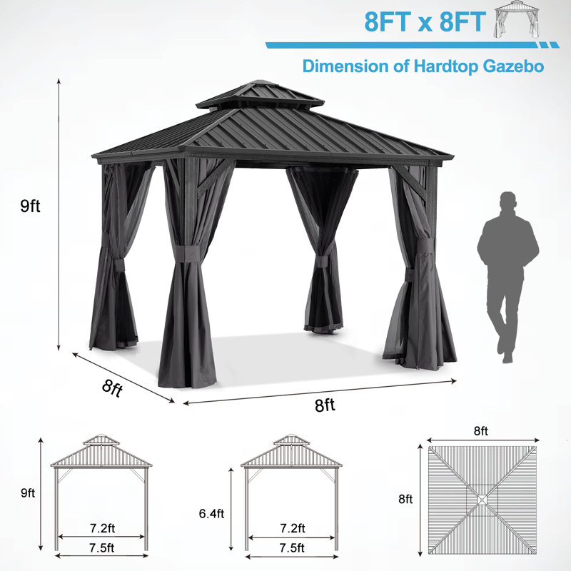 Pavillon de jardin permanent en aluminium, Gris foncé, 8 pi x 8 pi