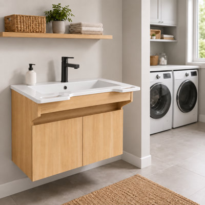 Meuble-lavabo suspendu en résine de 24 pouces avec armoire encastrée, poignées latérales et portes à fermeture en douceur