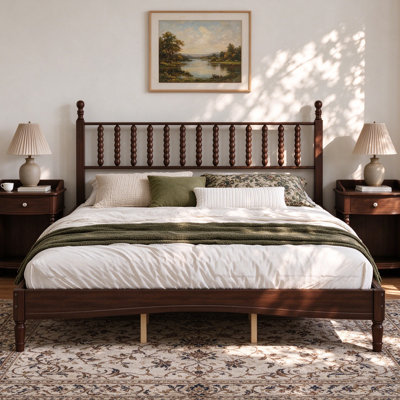 King Size Farmhouse Bed Frame with Artistic Headboard, Retro Style Platform Bed with Wooden Slat Support, No Box Spring Needed, Easy Assembly, Walnut