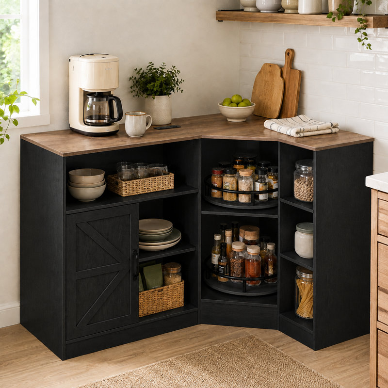 Meuble de cuisine d'angle en forme de L de style campagnard avec plateau tournant, étagères réglables et compartiments de rangement multiples, noir