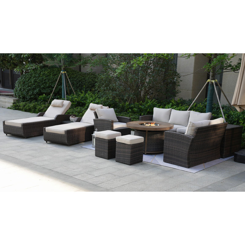 10 - Person Patio Conversation Set with Cushions, White, Brown